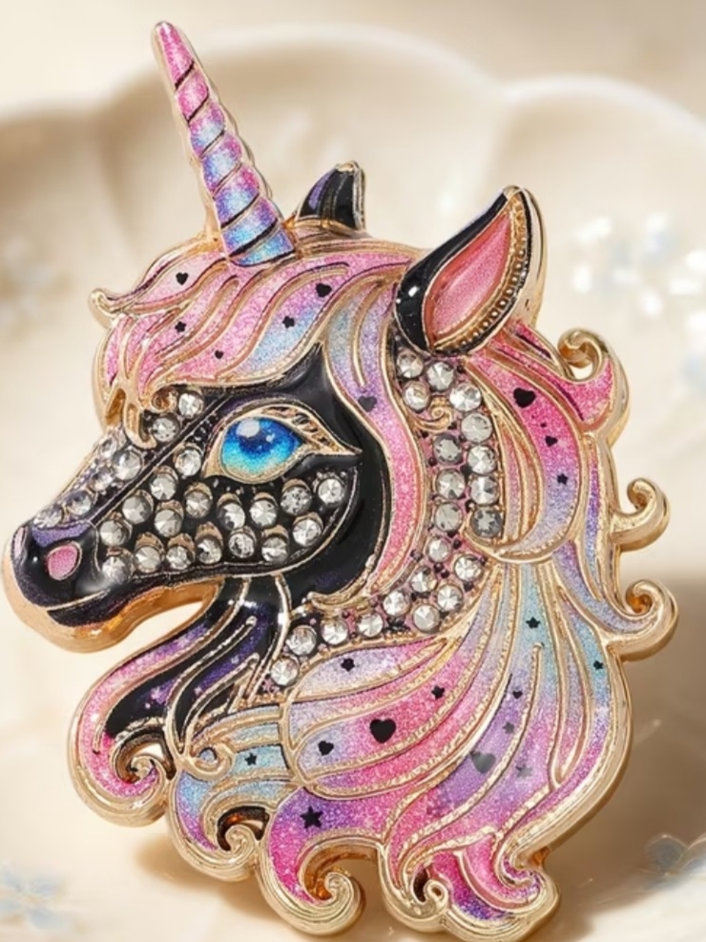 Sparkling Pink Multicolor Unicorn Brooch with Crystals